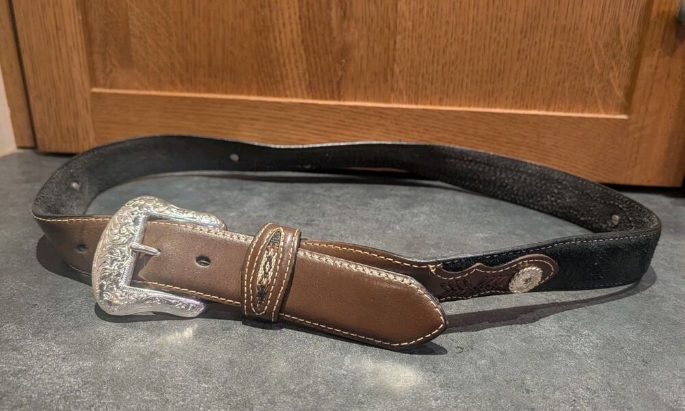 Nocona Belt Men's 40 Genuine Leather Brown Aztec Fabric Silver Ornate Taiwan